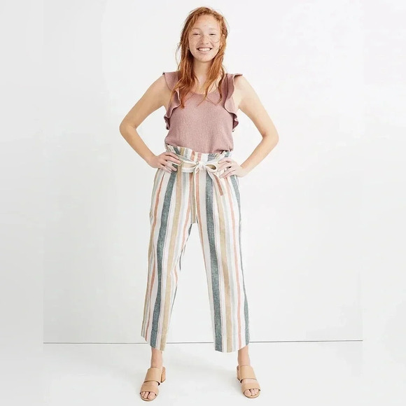 Madewell Tie-Waist Huston Pull-On Crop Pants in Stripe, Size Large - Picture 1 of 9